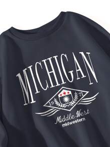 SHEIN Unity Graphic & Letter Embroidery Drop Shoulder Sweatshirt - Navy Blue - View 4