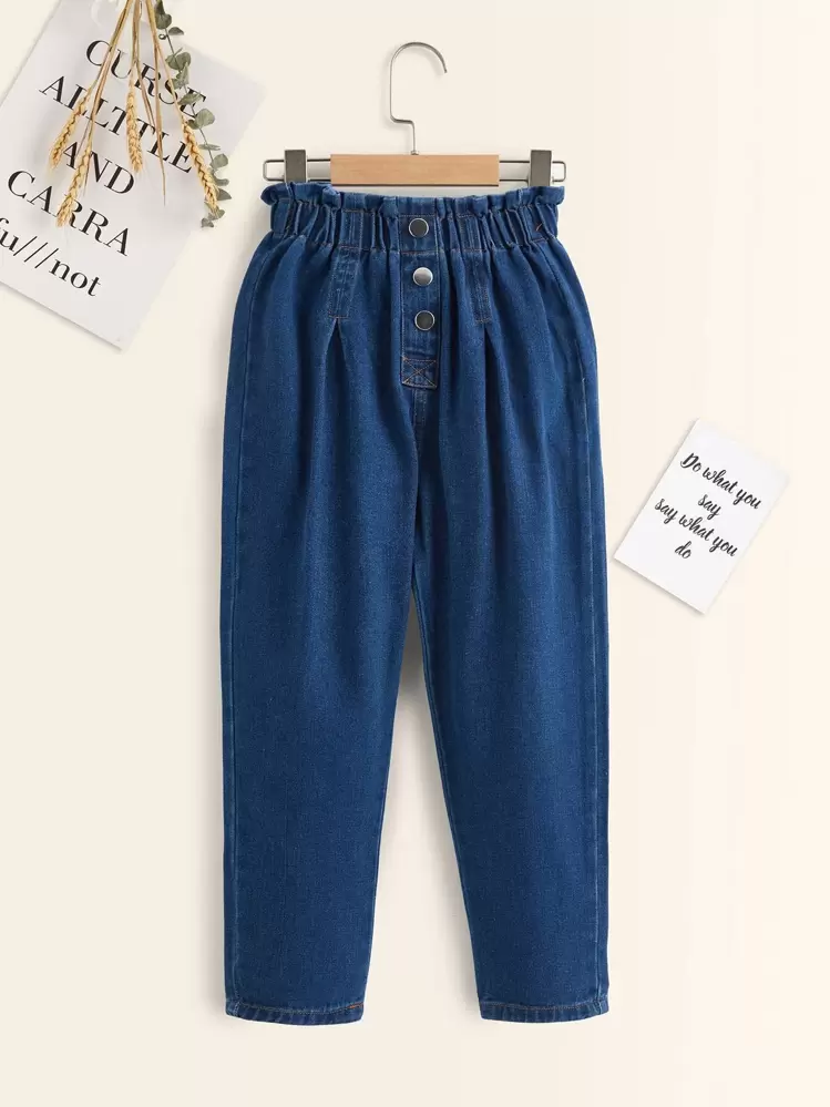 כפתורים קדמיים פשוט ג'ינס לילדות - כהה שטוף - ראה 1