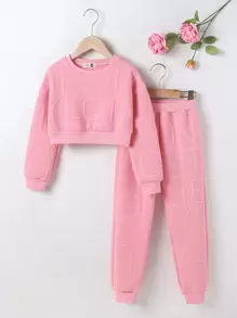 女孩字母圖案落肩袖運動衫和衛褲 - 藕粉色 - 查看 1