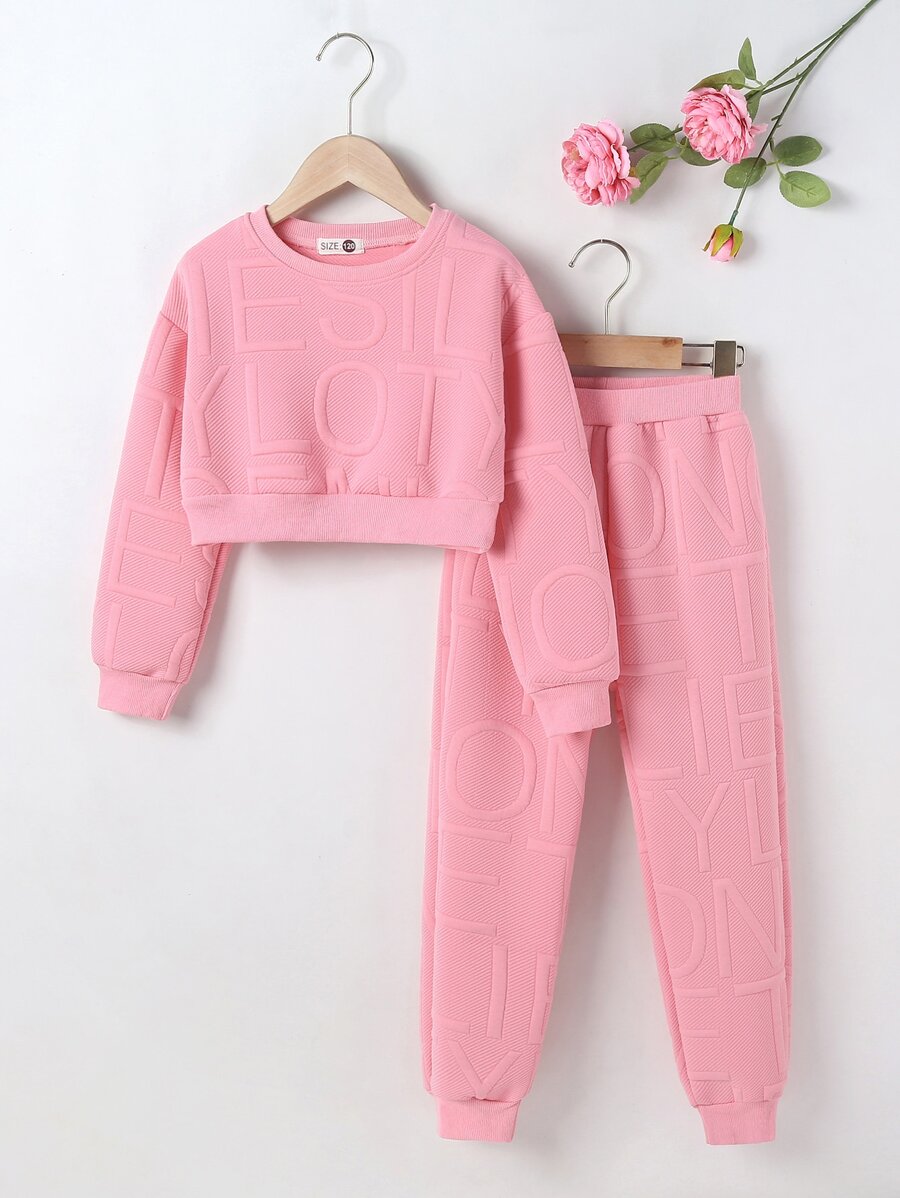女孩字母圖案落肩袖運動衫和衛褲 - 藕粉色 - 查看 1