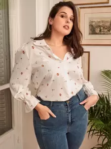 SHEIN Frenchy 大碼碎花荷葉袖襯衫 - 白色 - 查看 1