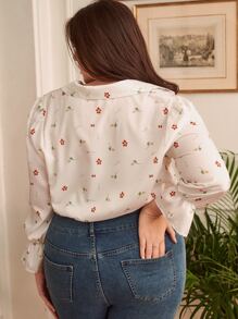 SHEIN Frenchy 大碼碎花荷葉袖襯衫 - 白色 - 查看 2