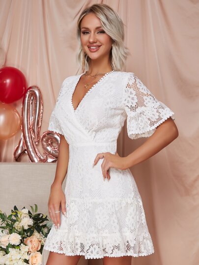 Eilly Bazar Ruffle Hem Surplice Neck Lace A-line Dress