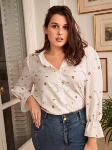 SHEIN Frenchy 大碼碎花荷葉袖襯衫 - 白色 - 查看 6