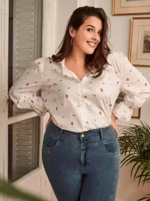 SHEIN Frenchy 大碼碎花荷葉袖襯衫 - 白色 - 查看 7