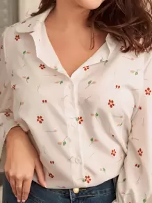 SHEIN Frenchy 大碼碎花荷葉袖襯衫 - 白色 - 查看 8