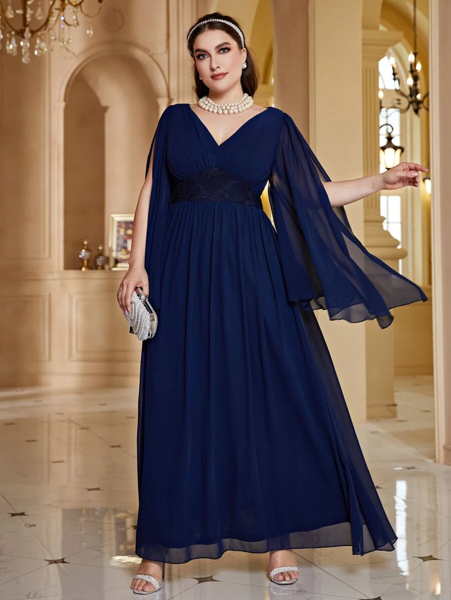 Modelyn Plus Split Sleeve Chiffon Prom Dress - Navy Blue - View 1