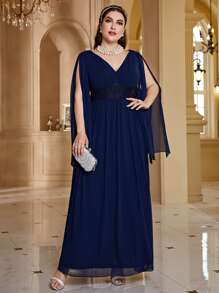 Modelyn Plus Split Sleeve Chiffon Prom Dress - Navy Blue - View 3