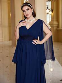 Modelyn Plus Split Sleeve Chiffon Prom Dress - Navy Blue - View 4