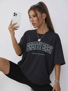 Áo thun nữ Lá thư Giải trí - màu đen - Xem 6