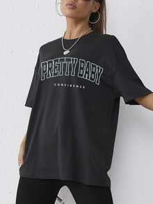 Áo thun nữ Lá thư Giải trí - màu đen - Xem 4