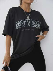 Áo thun nữ Lá thư Giải trí - màu đen - Xem 5