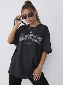 Áo thun nữ Lá thư Giải trí - màu đen - Xem 3