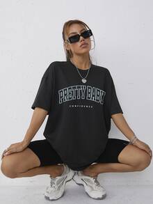 Áo thun nữ Lá thư Giải trí - màu đen - Xem 7