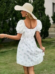 Simplee Vestido con estampado floral de manga farol fruncido - Multicolor - Ver 2