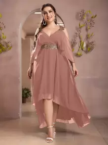SHEIN Belle Plus Sequin Applique Cold Shoulder High Low Chiffon Formal Bridesmaid Dress - Dusty Pink - View 1