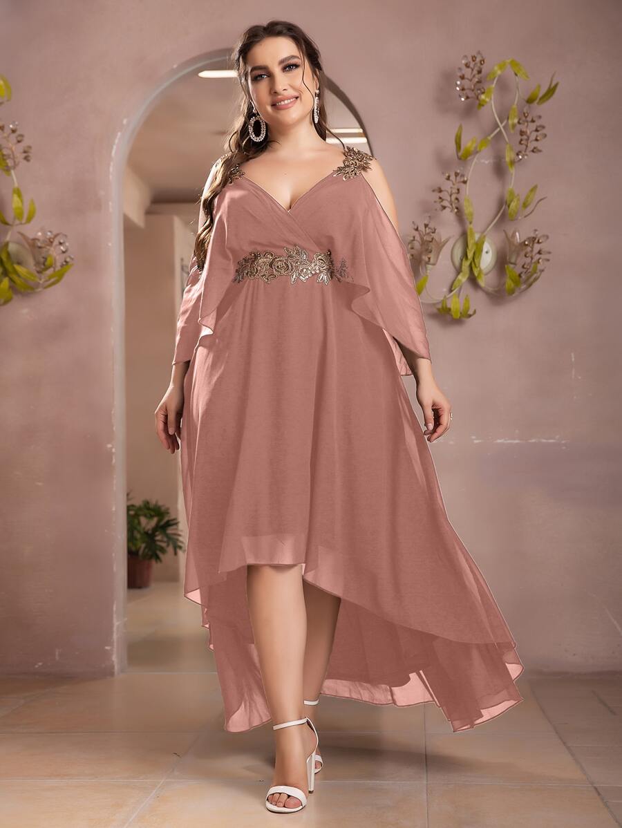 SHEIN Belle Plus Sequin Applique Cold Shoulder High Low Chiffon Formal Bridesmaid Dress - Dusty Pink - View 1