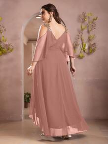 SHEIN Belle Plus Sequin Applique Cold Shoulder High Low Chiffon Formal Bridesmaid Dress - Dusty Pink - View 2