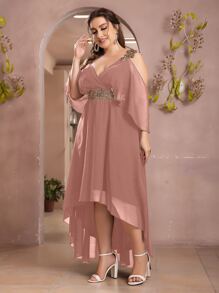 SHEIN Belle Plus Sequin Applique Cold Shoulder High Low Chiffon Formal Bridesmaid Dress - Dusty Pink - View 3