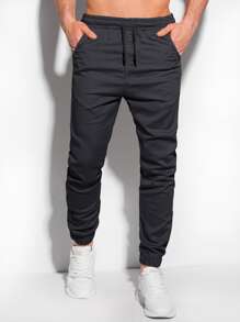 Manfinity Homme Hombres Pantalones de cintura con cordón con bolsillo oblicuo - Negro - Ver 1