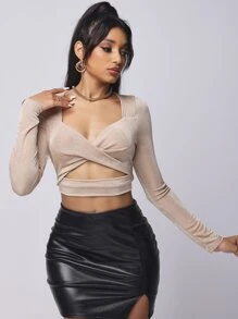 SHEIN SXY Áo thun nữ Hội Chữ thập Cắt ra màu trơn Gợi cảm - Màu be - Xem 1