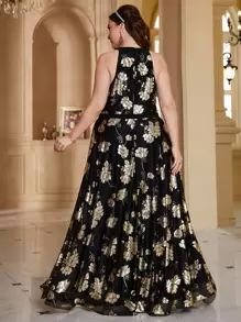 Modelyn Plus Gold Floral Print Maxi Halter Dress - Black - View 2