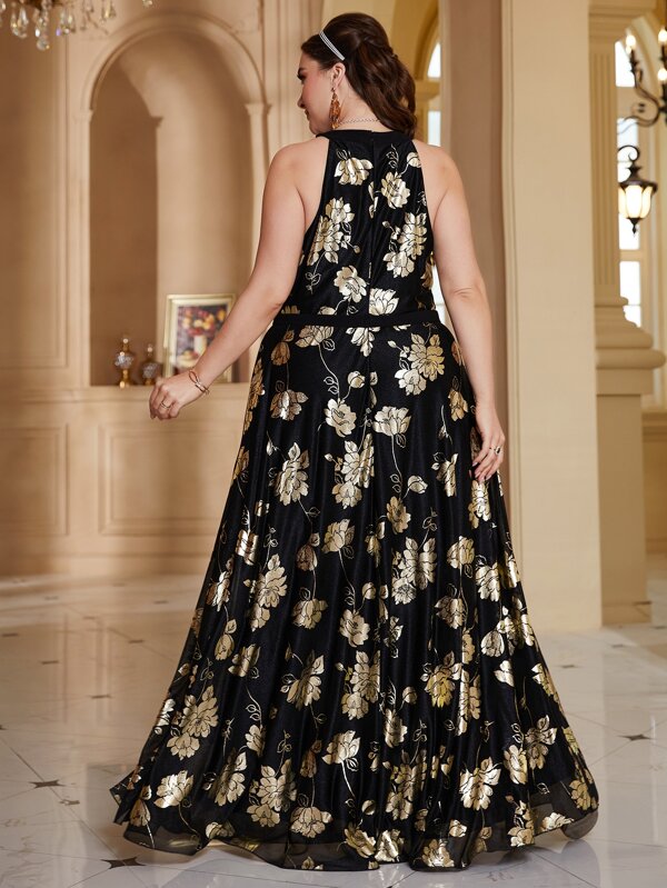 SHEIN Modely Plus Gold Floral Print Maxi Halter Dress SHEIN UK