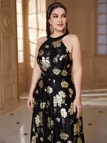 Modelyn Plus Gold Floral Print Maxi Halter Dress - Black - View 3