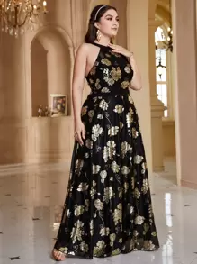 Modelyn Plus Gold Floral Print Maxi Halter Dress - Black - View 4