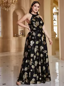 Modelyn Plus Gold Floral Print Maxi Halter Dress - Black - View 5