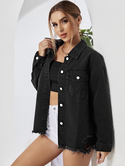 SHEIN Essnce Drop Shoulder Flap Pocket Raw Hem Denim Jacket