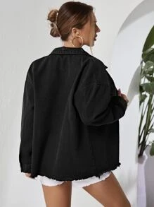 SHEIN Essnce Drop Shoulder Flap Pocket Raw Hem Denim Jacket - Black - View 2