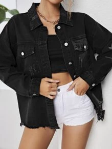 SHEIN Essnce Drop Shoulder Flap Pocket Raw Hem Denim Jacket - Black - View 3