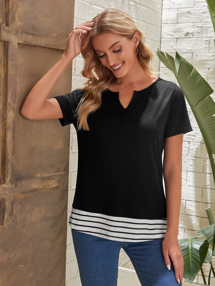 EMERY ROSE Striped Notched Neckline 2 In 1 Tee - Black - View 1