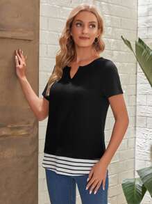 EMERY ROSE Striped Notched Neckline 2 In 1 Tee - Black - View 3