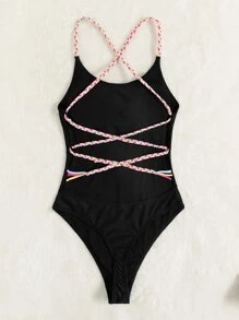 Plait Criss Cross One Piece Swimsuit - Black - View 2