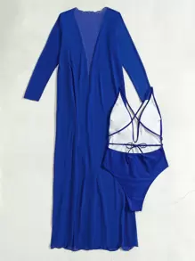 Bañador una pieza unicolor de espalda abierta con kimono - azul real - Ver 3