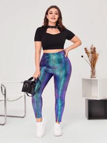 SHEIN Clasi Plus Crocodile Embossed Split Hem PU Leather Leggings - Multicolor - View 3