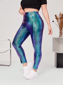 SHEIN Clasi Plus Crocodile Embossed Split Hem PU Leather Leggings - Multicolor - View 4