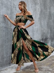 Glamaker Leopard Print Off The Shoulder Frill Trim Top & Split Thigh Skirt Set - Multicolor - View 1