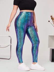 SHEIN Clasi Plus Crocodile Embossed Split Hem PU Leather Leggings - Multicolor - View 5