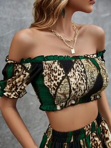 Glamaker Leopard Print Off The Shoulder Frill Trim Top & Split Thigh Skirt Set - Multicolor - View 4
