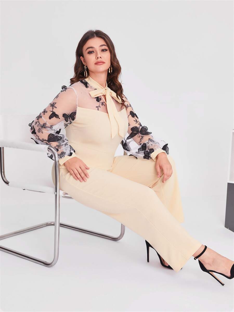 SHEIN Jumpsuits Plus Size Tương phản Mesh Nghề thêu Thắt nút Loại bướm Thanh lịch - Màu be - Xem 1