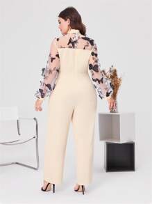 SHEIN Jumpsuits Plus Size Tương phản Mesh Nghề thêu Thắt nút Loại bướm Thanh lịch - Màu be - Xem 2