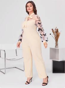 SHEIN Jumpsuits Plus Size Tương phản Mesh Nghề thêu Thắt nút Loại bướm Thanh lịch - Màu be - Xem 3