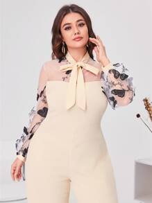 SHEIN Jumpsuits Plus Size Tương phản Mesh Nghề thêu Thắt nút Loại bướm Thanh lịch - Màu be - Xem 4