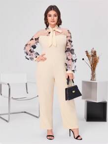 SHEIN Jumpsuits Plus Size Tương phản Mesh Nghề thêu Thắt nút Loại bướm Thanh lịch - Màu be - Xem 5