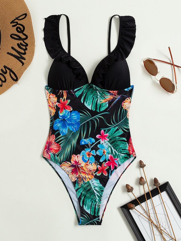 Tropical Print Frill Trim Push Up One Piece Swimsuit For Summer Beach Vacation