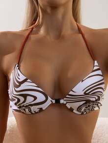 Top de bikini con escote halter y hebilla en estampado fluido, para vacaciones de verano en la playa - Multicolor - Ver 3