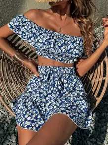 SHEIN Unity Allover Floral Print Off Shoulder Crop Top & Ruffle Hem Skirt